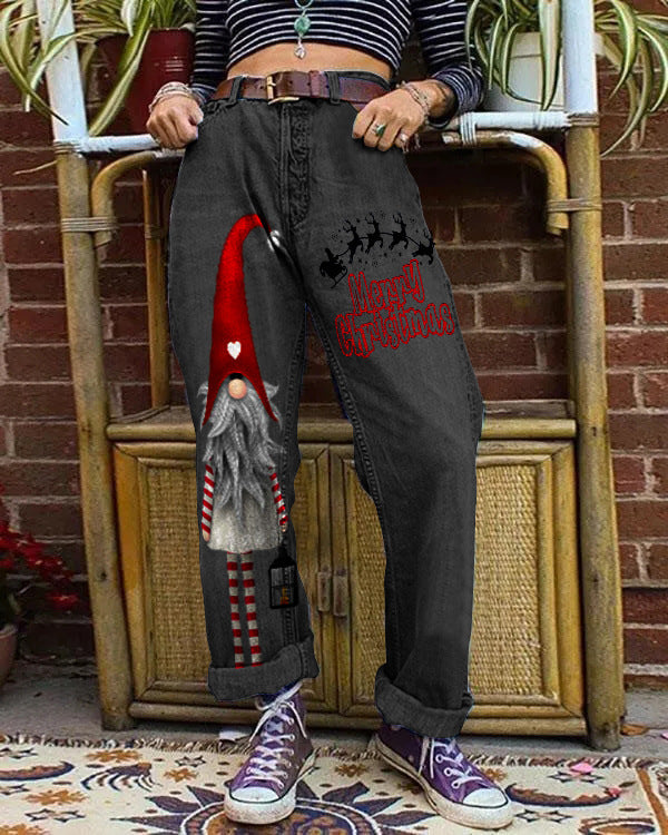 Santa Claus Printed Denim Wide Leg Pants Denim Pants