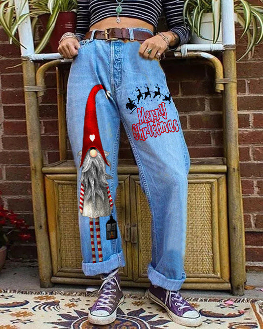 Santa Claus Printed Denim Wide Leg Pants Denim Pants