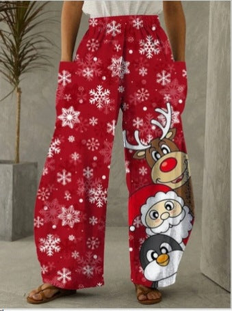 Santa Claus Printed Red Casual Loose Pants