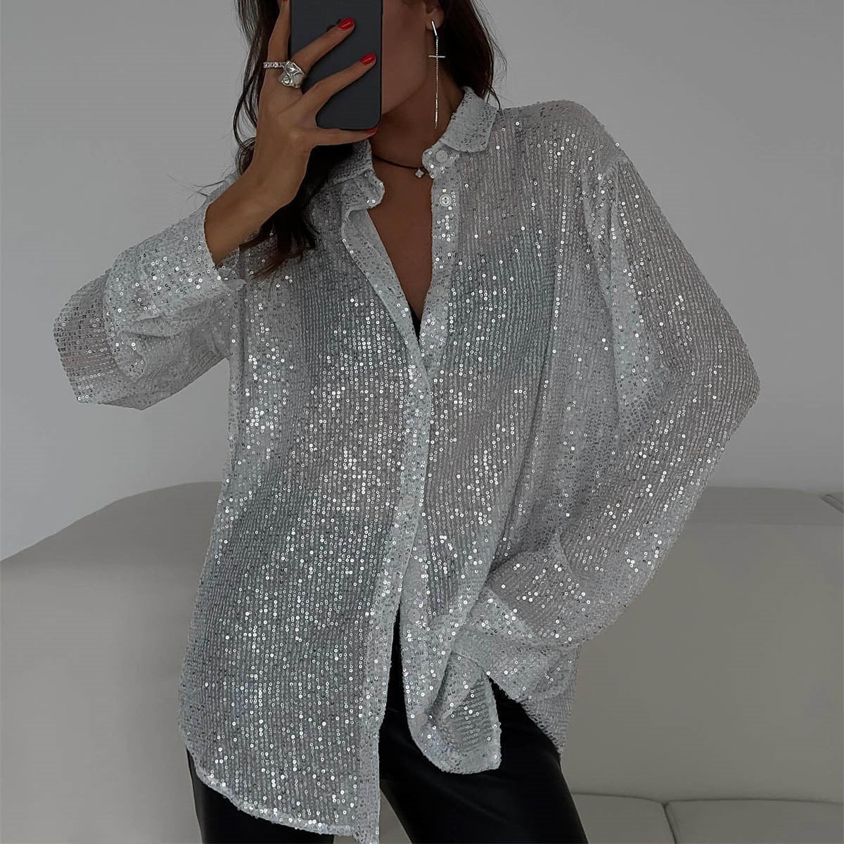 Sequined Long-Sleeved Cardigan Shirt Jacket