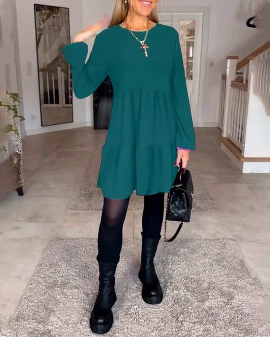 Simple Solid Color Long Sleeve Midi Dress