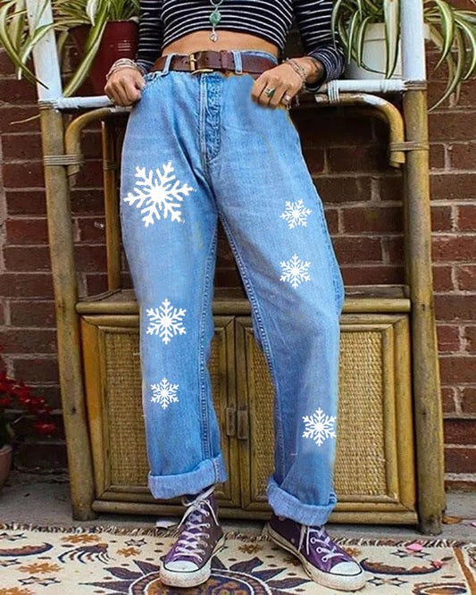 Snowflake printed denim wide leg pants denim pants