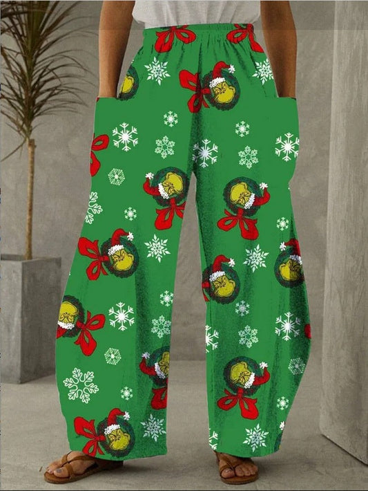 Snowflake Santa Claus Printed Casual Loose Pants