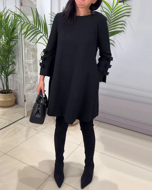 Solid Color Bow Sleeve Midi Dress