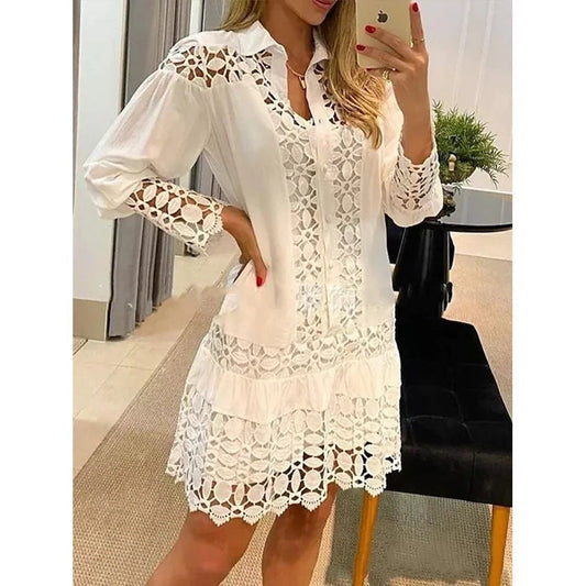 Solid Color Hollow Lace Midi Dress