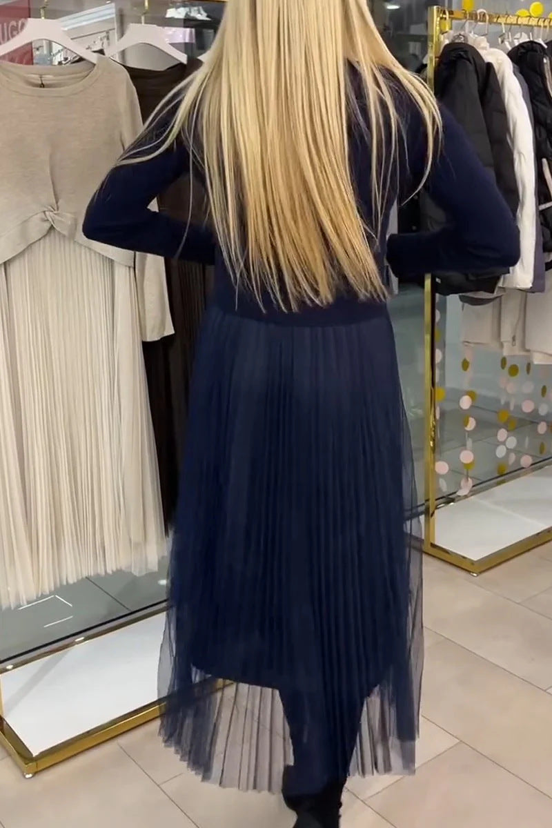 Solid Color Knitted Top Pleated Mesh Stitching Dress