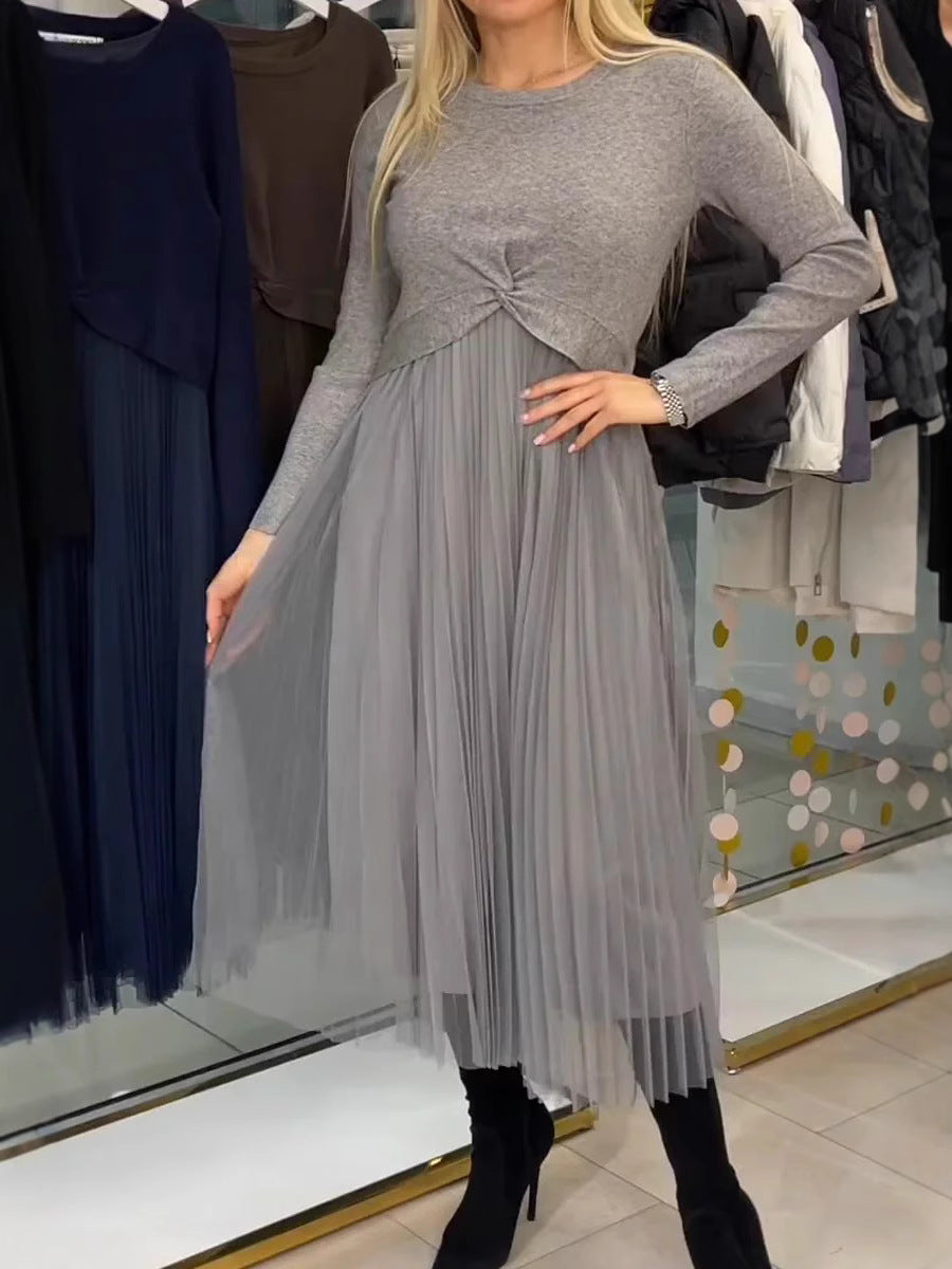 Solid Color Knitted Top Pleated Mesh Stitching Dress
