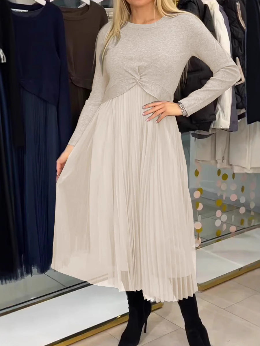 Solid Color Knitted Top Pleated Mesh Stitching Dress