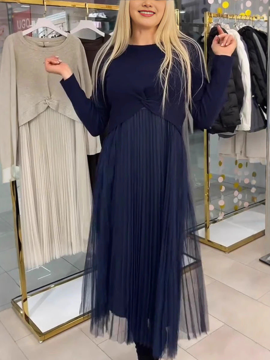 Solid Color Knitted Top Pleated Mesh Stitching Dress