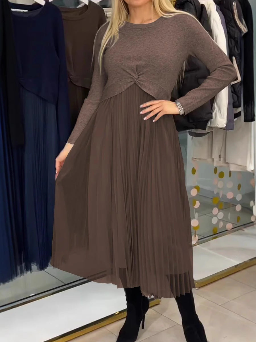 Solid Color Knitted Top Pleated Mesh Stitching Dress