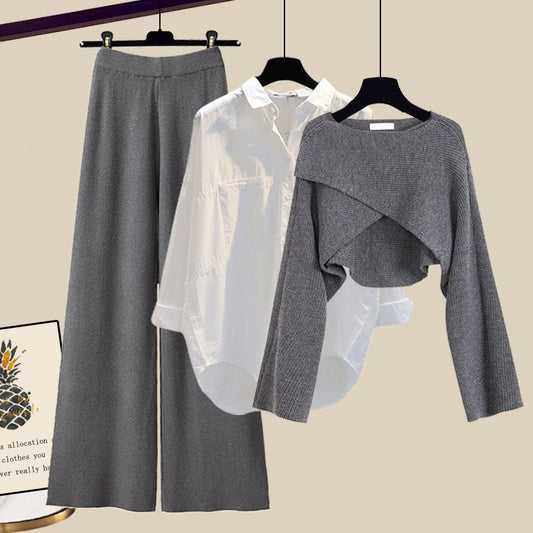 Solid Color Top Shirt and Wide Leg Pants Three Piece Set
