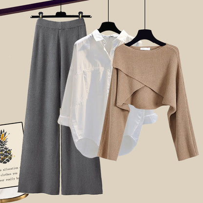 Solid Color Top Shirt and Wide Leg Pants Three Piece Set