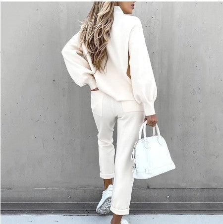Solid Color Turtleneck Sweatshirt And Trousers Two Piece Set