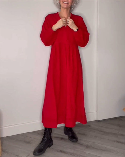 Solid Color V Neck Midi Dress with Long Sleeves