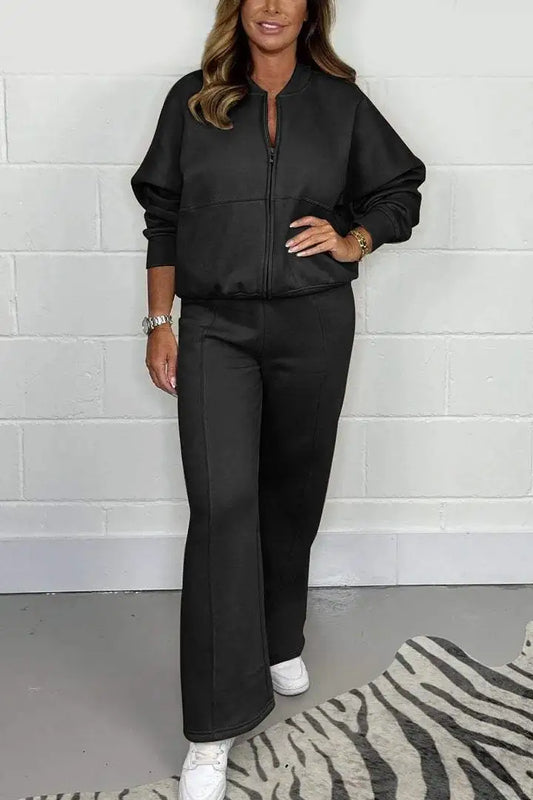 Solid Color Zipper Cardigan Sweatshirt Straight Pants Set