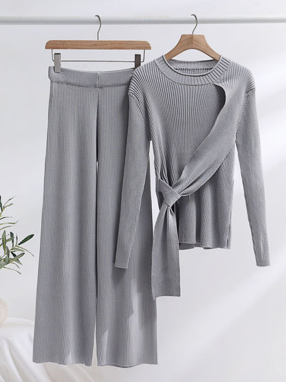 Strappy Knitted Sweater Wide Leg Pants Suit