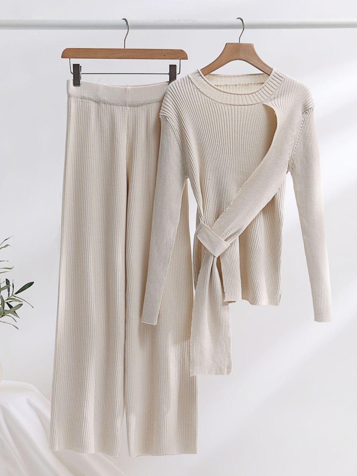 Strappy Knitted Sweater Wide Leg Pants Suit