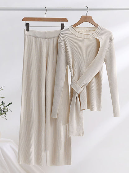 Strappy Knitted Sweater Wide Leg Pants Suit
