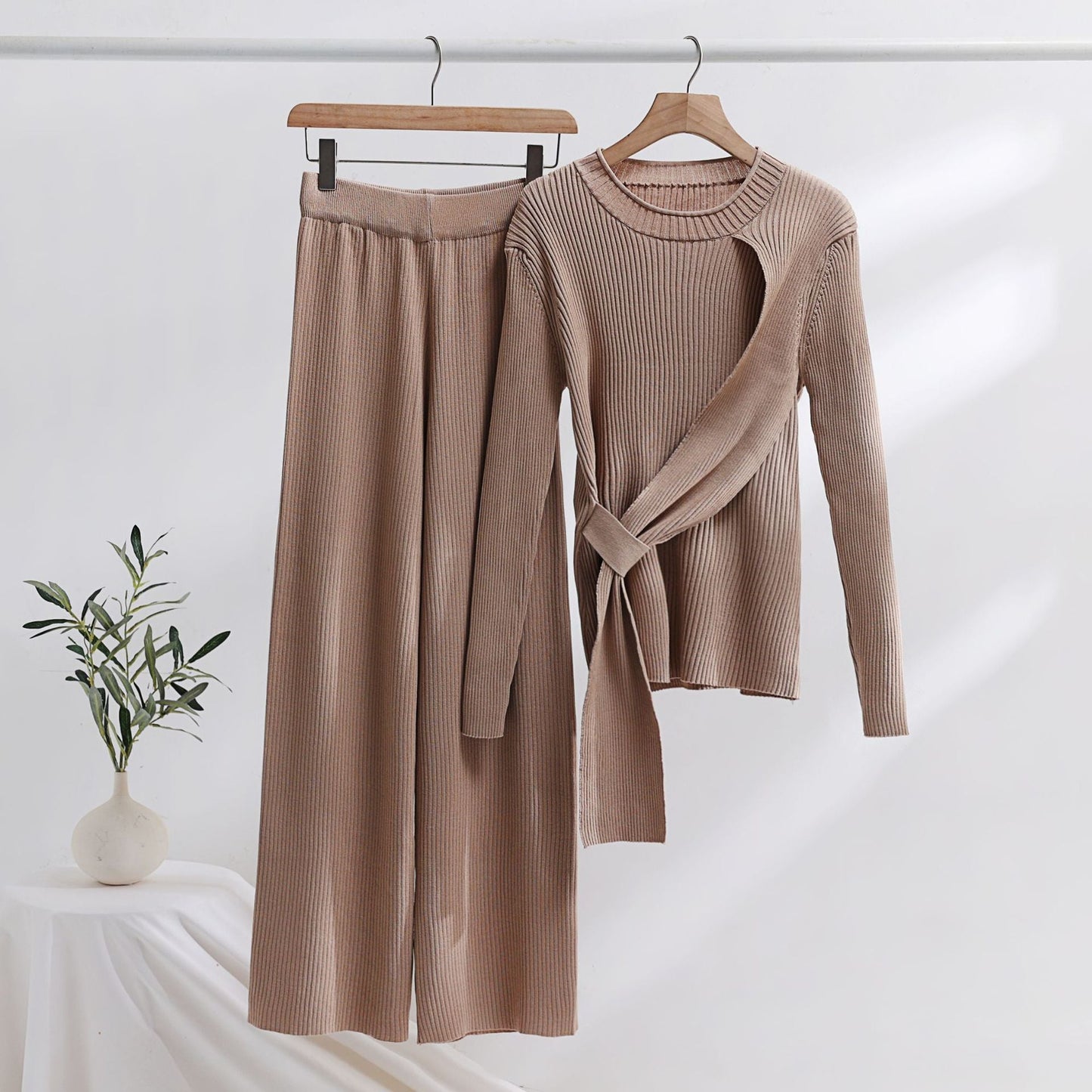 Strappy Knitted Sweater Wide Leg Pants Suit
