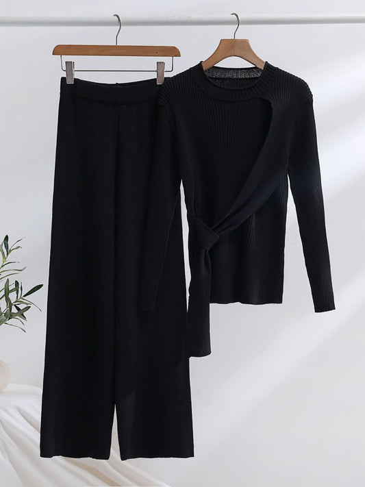 Strappy Knitted Sweater Wide Leg Pants Suit