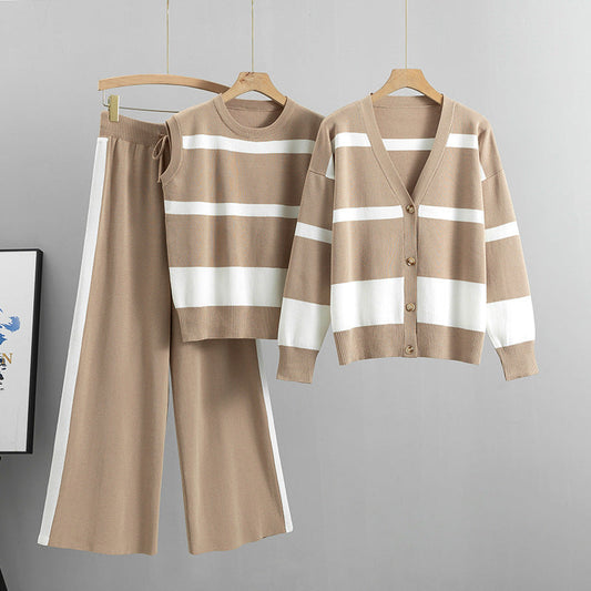 Striped Knit Coat Vest Wide Leg Pants Three Piece Set