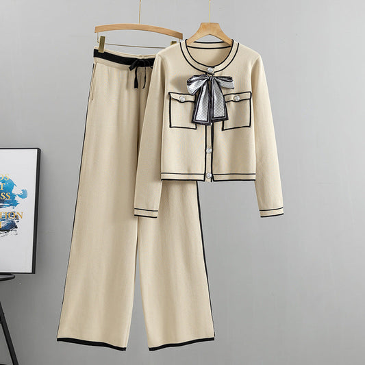 Two Piece Bow Knit Jacket Wide Leg Pants Set