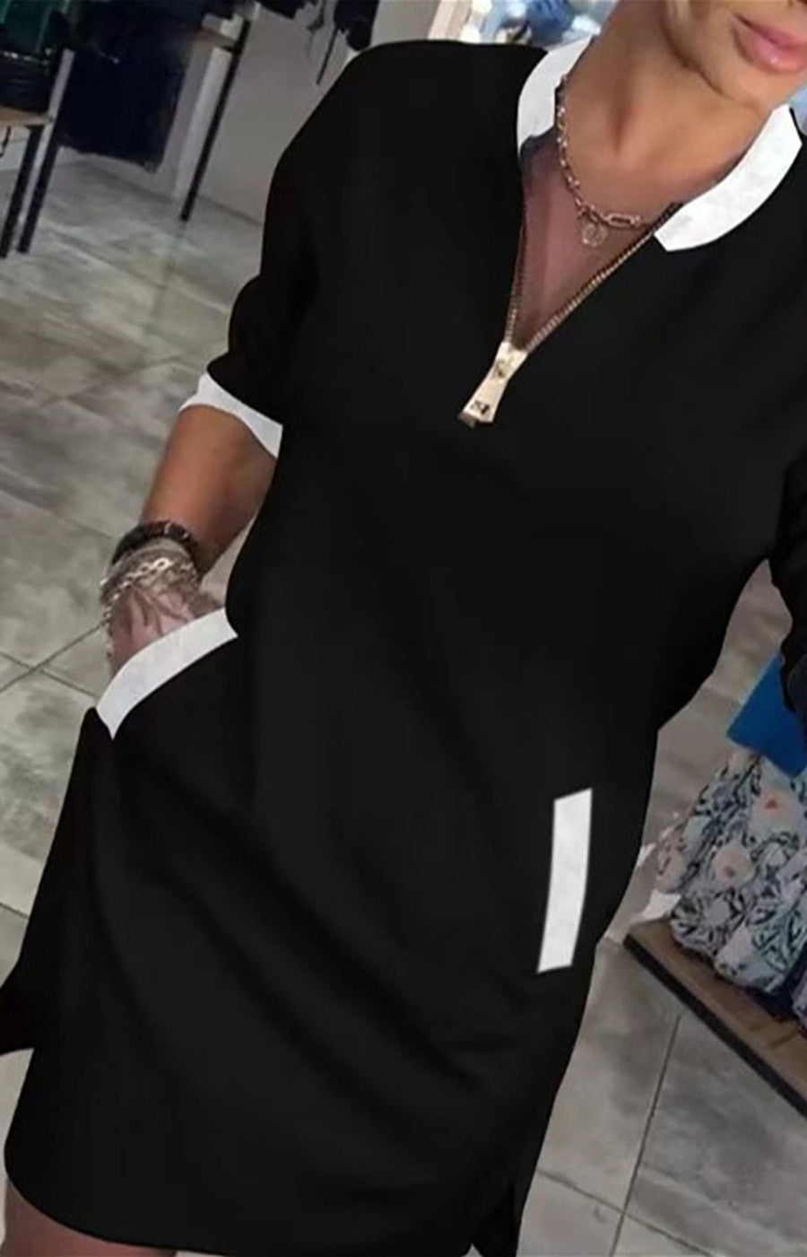 V-neck Zippered Three-quarter Sleeve Casual Midi Dress