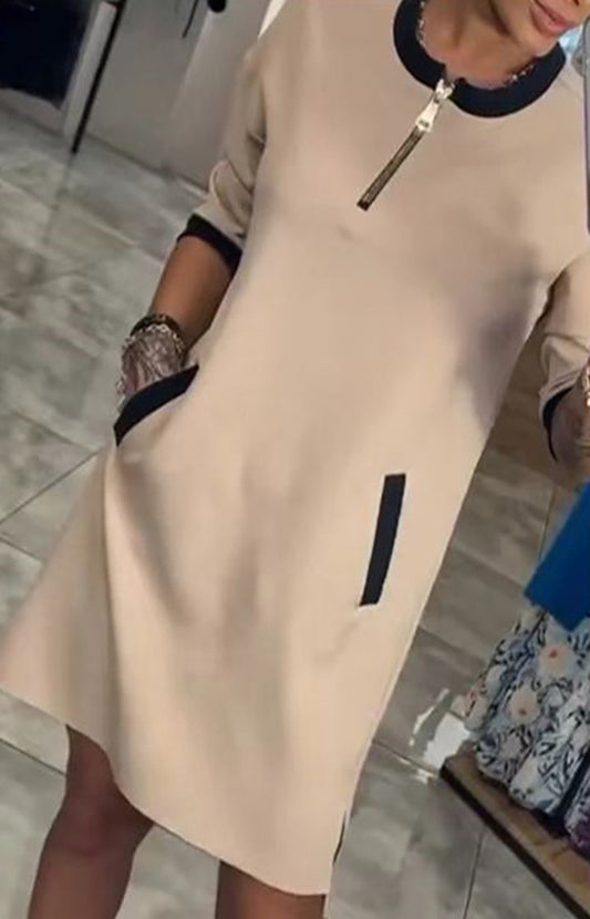V-neck Zippered Three-quarter Sleeve Casual Midi Dress