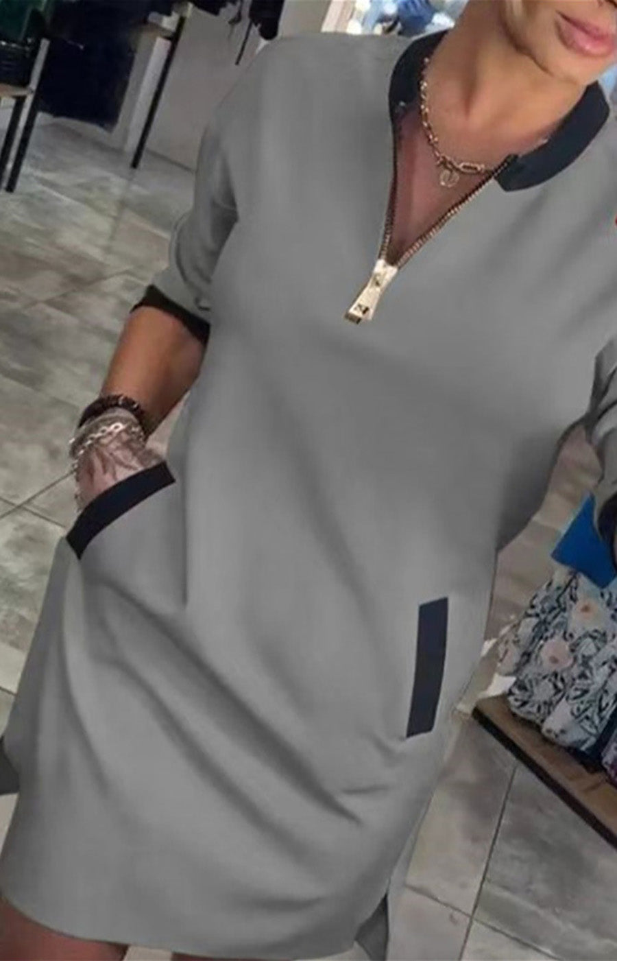 V-neck Zippered Three-quarter Sleeve Casual Midi Dress