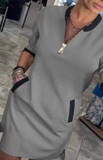 V-neck Zippered Three-quarter Sleeve Casual Midi Dress