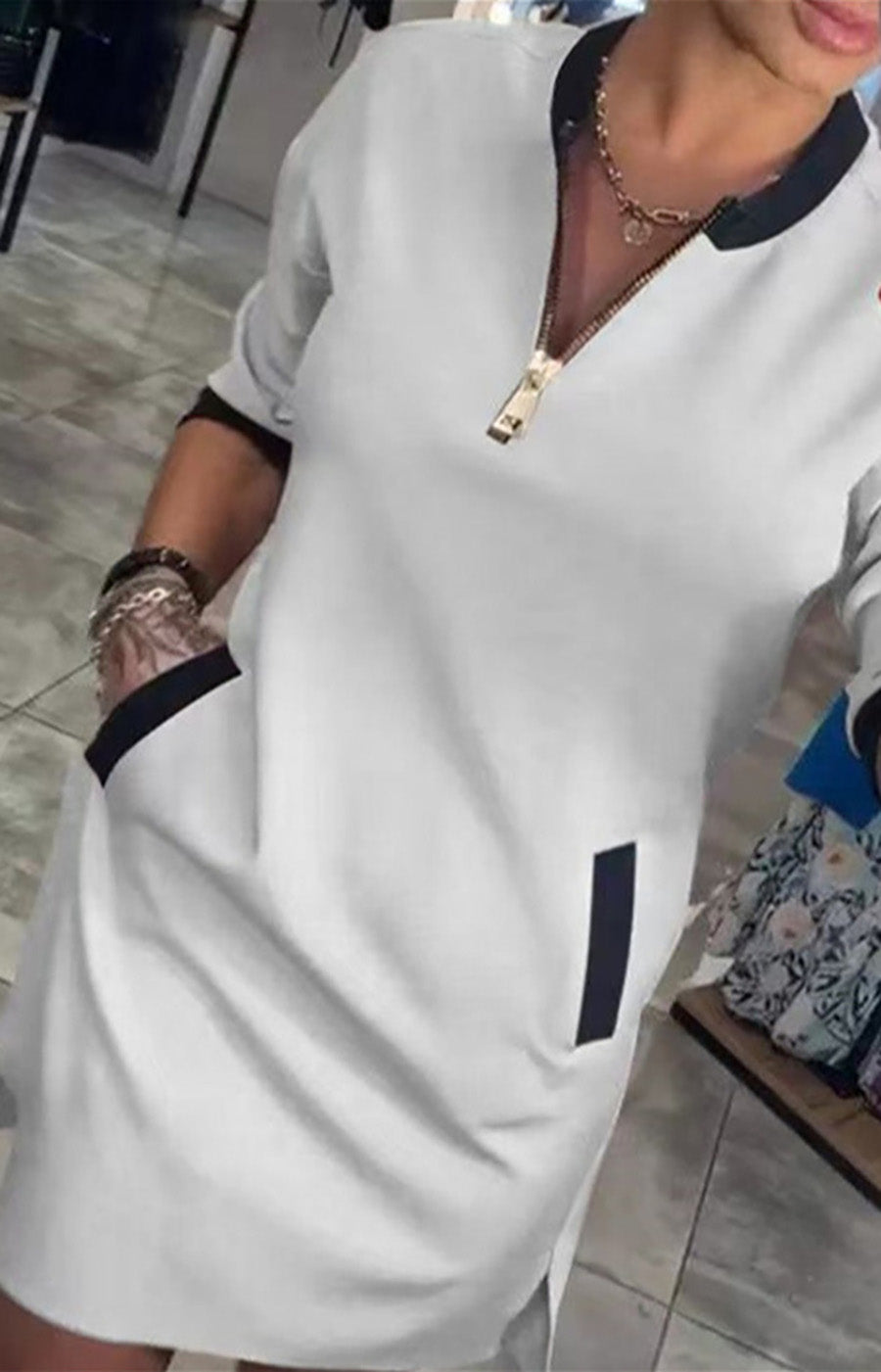 V-neck Zippered Three-quarter Sleeve Casual Midi Dress