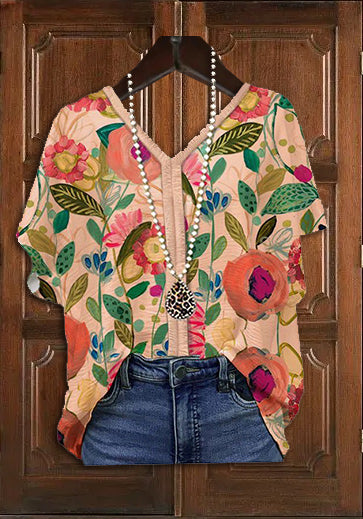 Vintage V-Neck Printed T-Shirt Top