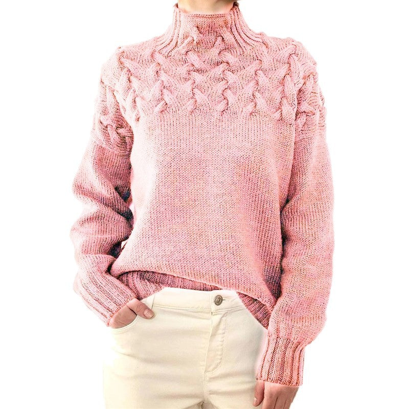 Vintage Woven Detail Turtleneck Long Sleeve Pink Sweater