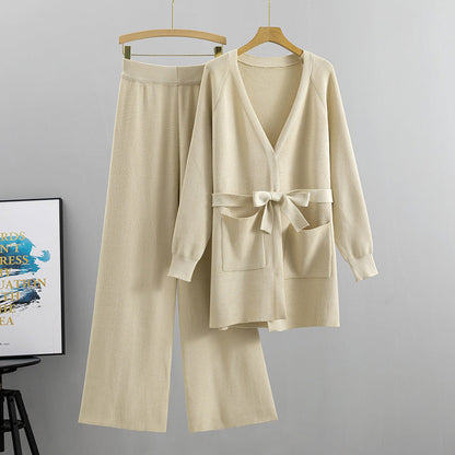 Wide Leg Pants Knit Cardigan Jacket Two-Piece Set