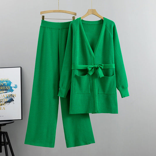 Wide Leg Pants Knit Cardigan Jacket Two-Piece Set