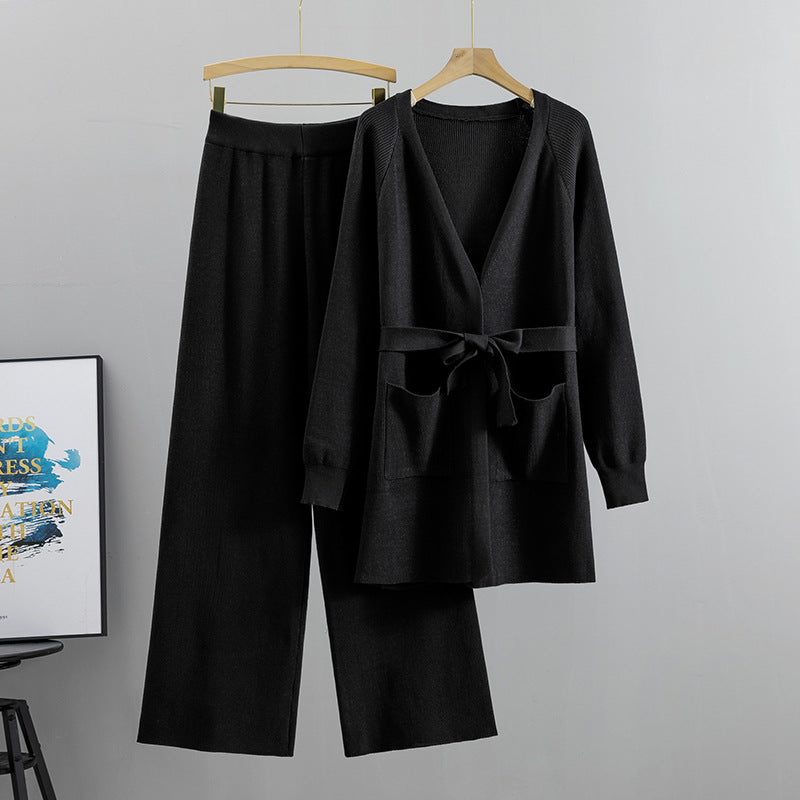 Wide Leg Pants Knit Cardigan Jacket Two-Piece Set