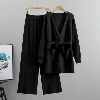 Wide Leg Pants Knit Cardigan Jacket Two-Piece Set