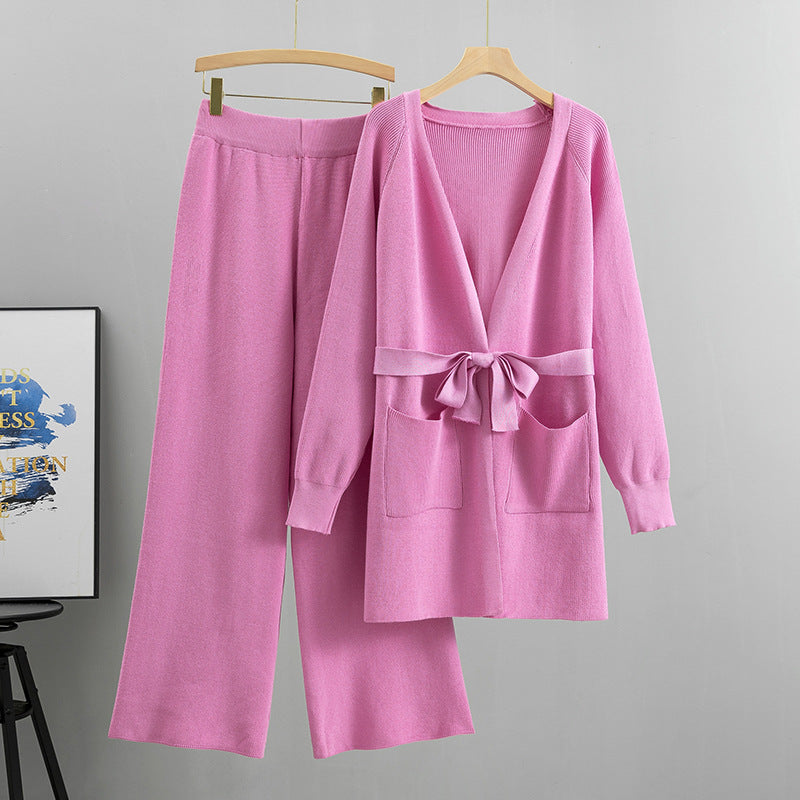 Wide Leg Pants Knit Cardigan Jacket Two-Piece Set